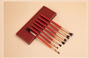 Set of 8 professional eye makeup brushes with red handles and gold metal ferrules