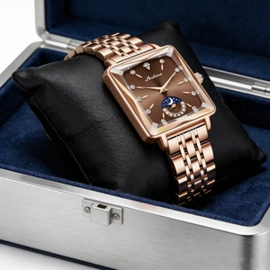 Detail view of square moonphase watch in rose gold with diamonds in luxury gift box