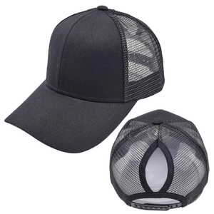 Black ponytail trucker hat featuring breathable mesh back and adjustable snapback closure