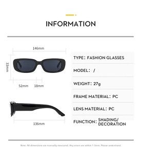 Size chart for small square sunglasses showing 146mm width and PC material specs