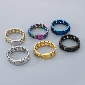 Close-up of 20mm stainless steel Cuban link bracelets in silver gold blue and black colors
