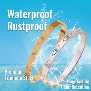 Waterproof 18K gold and silver stainless steel evil eye bangles with colorful crystals