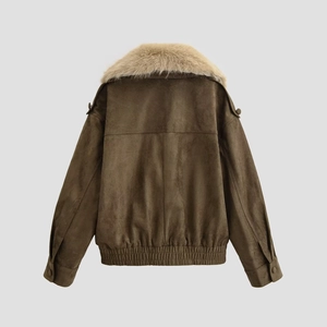 Veste marron en daim pour femme avec col en fourrure, vue à plat de la partie arrière