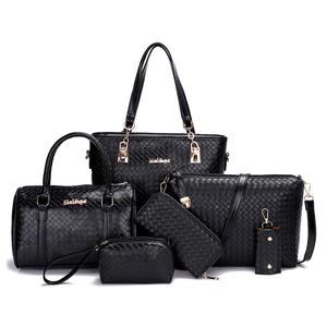 Black 6-piece woven leather handbag set including tote and crossbody with gold hardware