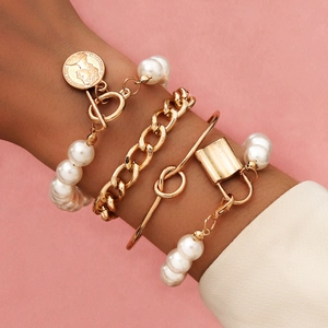 Bracelet Jonc Grosse Chaîne Punk Bracelets Künstliche Perles Imitation Pendentif Serrure Pièce Style Urbain Homme Femme Bijoux Alliage