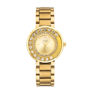 Elegant Missfox women's gold quartz watch with double-layered diamond bezel and metal band