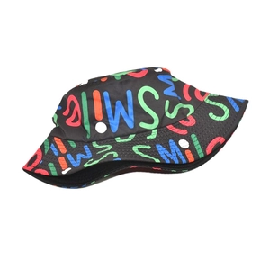Reversible bucket hat with colorful SMILE lettering print on black polyester fabric