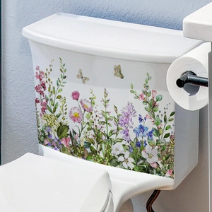 Floral toilet tank sticker with colorful flowers and butterflies on white ceramic surface