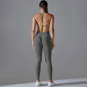 Grey-green seamless yoga set with cross-back sports bra and high-waisted leggings