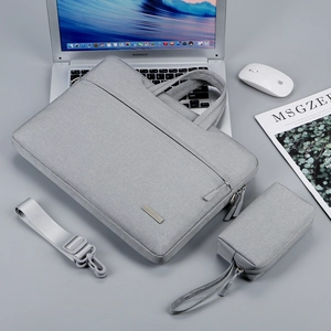 Set borsa per laptop grigia in tre pezzi con tracolla e custodia per accessori