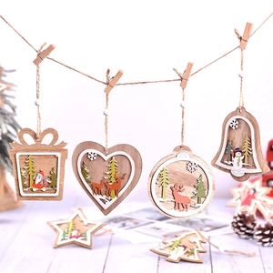 Wooden Christmas tree pendants with star and bell designs in a rustic holiday setting