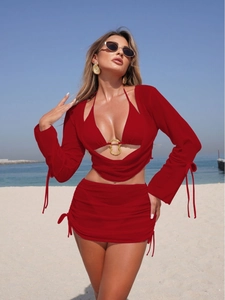 Three-piece vibrant red bikini set with long sleeve cover-up and side drawstring skirt