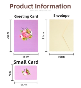 Detailed size chart showing dimensions of the 3D butterfly card, envelope, and small note