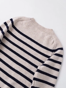 Detailed view of the crew neck and shoulder stitching on a striped knit sweater