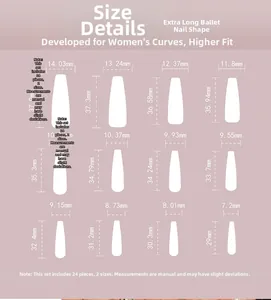 Size chart for 24 extra-long coffin press-on nails with 12 precise width and length specs