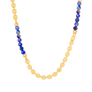 Handmade titanium steel necklace with gold beads and blue natural stone beads on white background
