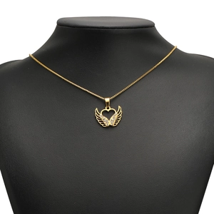 Gold plated stainless steel necklace featuring a heart pendant with rhinestone butterfly wings