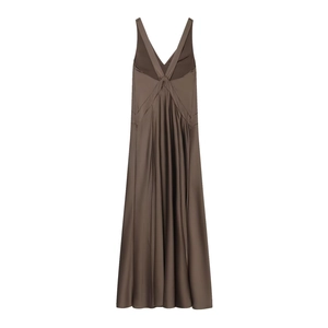 Elegante abito lungo senza maniche in raso marrone scuro con scollo a V e lacci incrociati