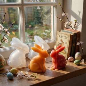 Easter bunny silicone mold for DIY candles and resin ornaments with finished wax rabbits