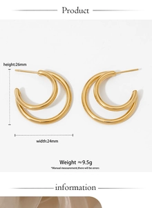 Detailed view of gold C-shaped double-layer hoop earrings with precise size measurements