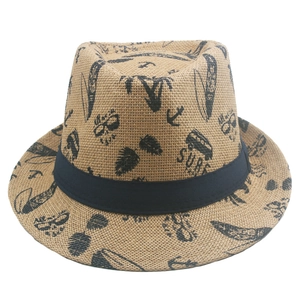Summer straw fedora for parents and kids with black tropical surf prints and black band