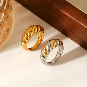 Polished stainless steel croissant ring set in gold and two-tone silver for women