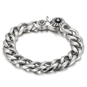 Vintage oxidized silver steel chunky bracelet with daisy buckle for men in punk style
