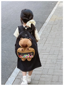 Detailed back view of a black kids backpack with a 3D capybara plush and colorful balls