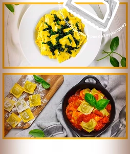 Detail of ravioli maker tool with comfortable grip and freshly made pasta pieces