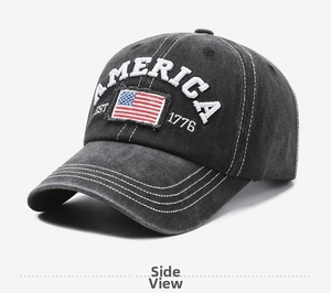 Side view of washed cotton baseball cap with American flag patch and embroidery