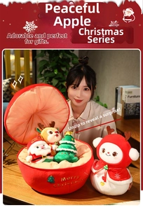 Christmas plush toy set featuring Santa, reindeer, and snowman in a red apple storage bag