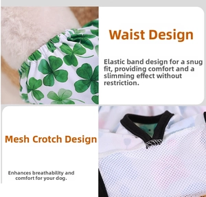 Detail of dog sanitary pants with green clover print, elastic waist and mesh fabric