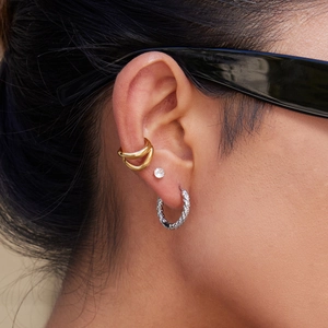 Chic 14K gold-plated stainless steel hammered hoops and crystal stud earrings for women