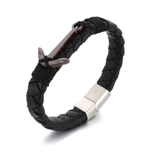 Men's braided leather bracelet with anchor charm and matte silver magnetic buckle