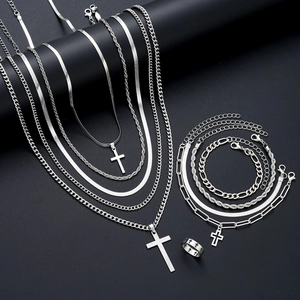 Bijoux En Acier Inoxydable Croix Collier Bracelet Bague Multicouche Style Hip Hop Unisexe Couleur Argent Strass