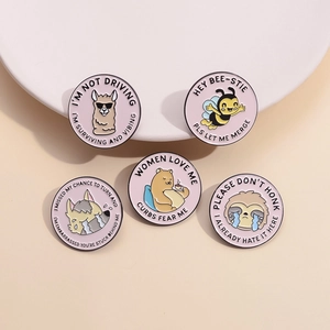 Set of 5 pink enamel pins featuring cartoon animals with humorous driving slogans