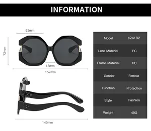 Detailed size chart for oversized cat-eye sunglasses with precise frame measurements