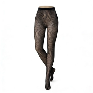 Detailed view of black fishnet tights with intricate wavy scale patterns and high elasticity