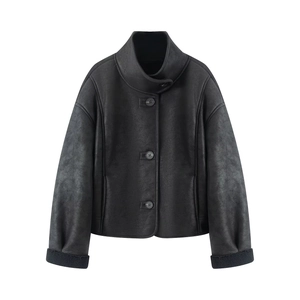 Women's black cropped faux leather jacket with plush shearling lining and wide collar