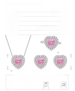 Size specifications for S925 silver heart jewelry set featuring 7mm ice-cut carbon diamonds