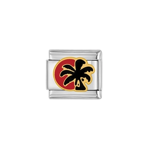 Silver modular bracelet charm with a black palm tree silhouette on red and yellow background