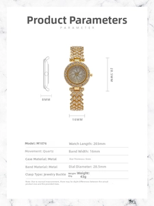 Detailed size specifications for the gold crystal floral watch with rhinestone band