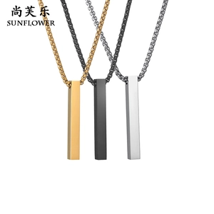 Three minimalist rectangular column necklaces in gold, black, and silver polished finishes