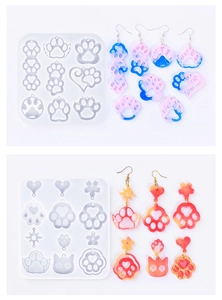 Silicone molds for DIY resin earrings featuring cat paw and heart shaped jewelry designs