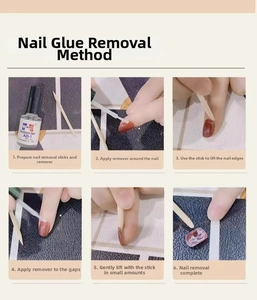 Macro detail showing six steps of debonder application for press-on nail removal