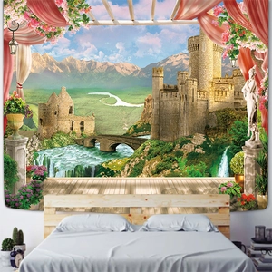 Detail of bedroom wall tapestry featuring medieval castle with scenic waterfall view