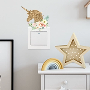 Unicorn Head Flower Switch Sticker PVC Gold Glitter Waterproof Removable DIY Wall Decor For Kids Bedroom