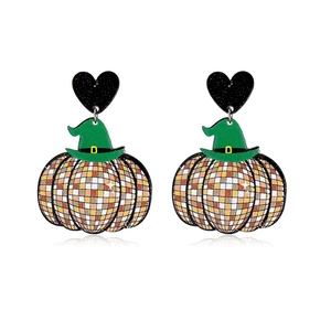 Detail of Halloween pumpkin disco ball earrings with green wizard hat and glitter heart