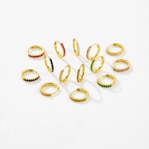 S925 sterling silver hoop earrings with multicolored round zircon stones in gold finish