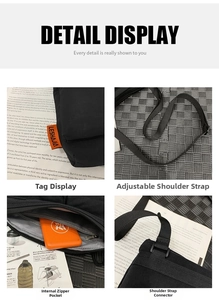 Detail of black nylon messenger bag with orange brand tag and adjustable woven shoulder strap